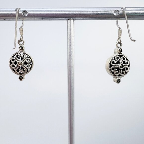 Sterling Silver 925 Marcasite Scroll Design Dangle Earrings Size 1.25" Length - Picture 6 of 10